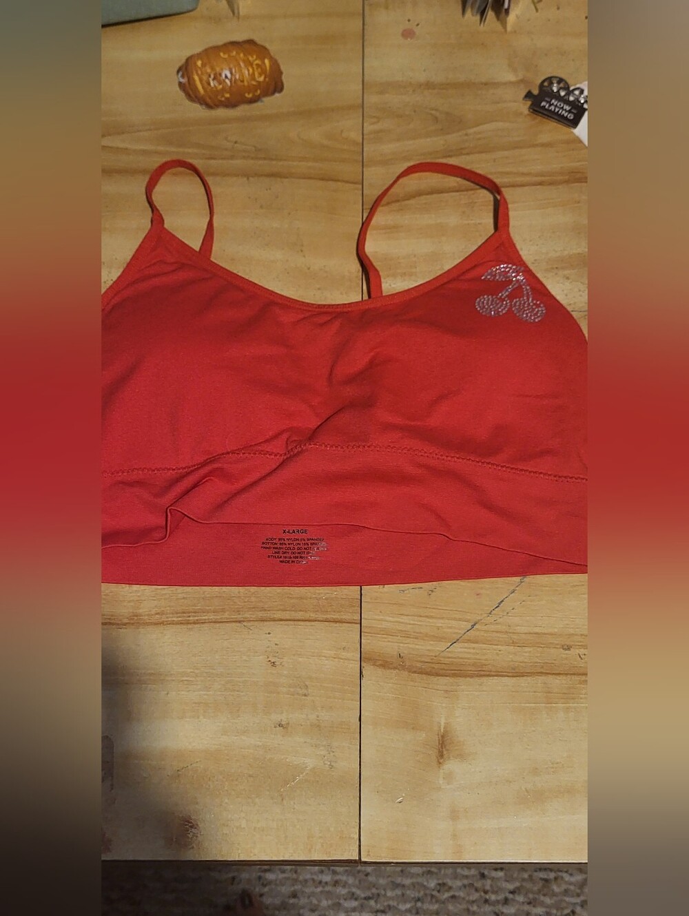 Red Seamless Bralette with Rhinestone Detail - Unbranded, RED CHERRY SEQUIN TOP